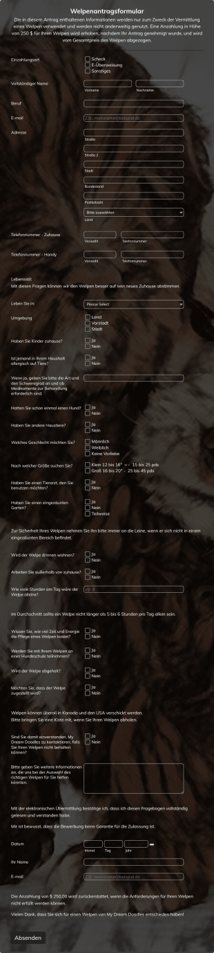 Welpenantragsformular Form Template