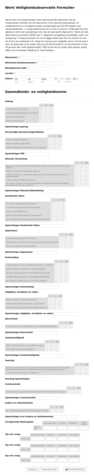 Werk Veiligheidsobservatie Formulier