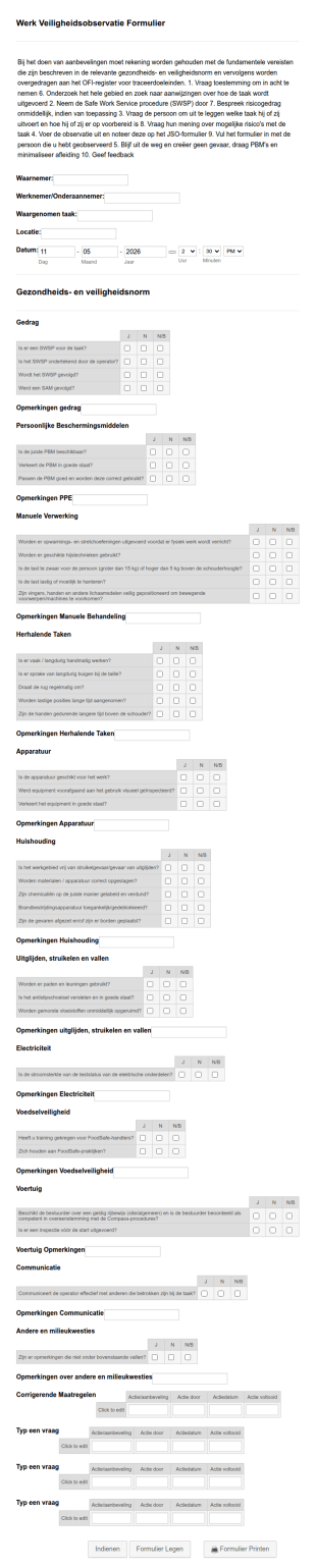 Werk Veiligheidsobservatie Formulier