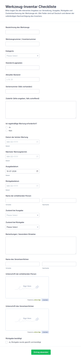 Werkzeugbestands Checkliste