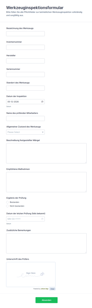 Werkzeuginspektionsformular