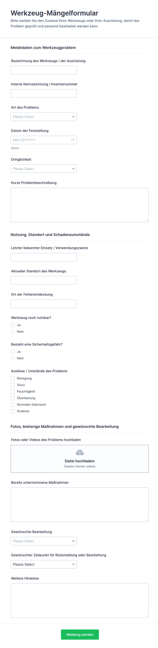 Werkzeugproblem Meldung Formular