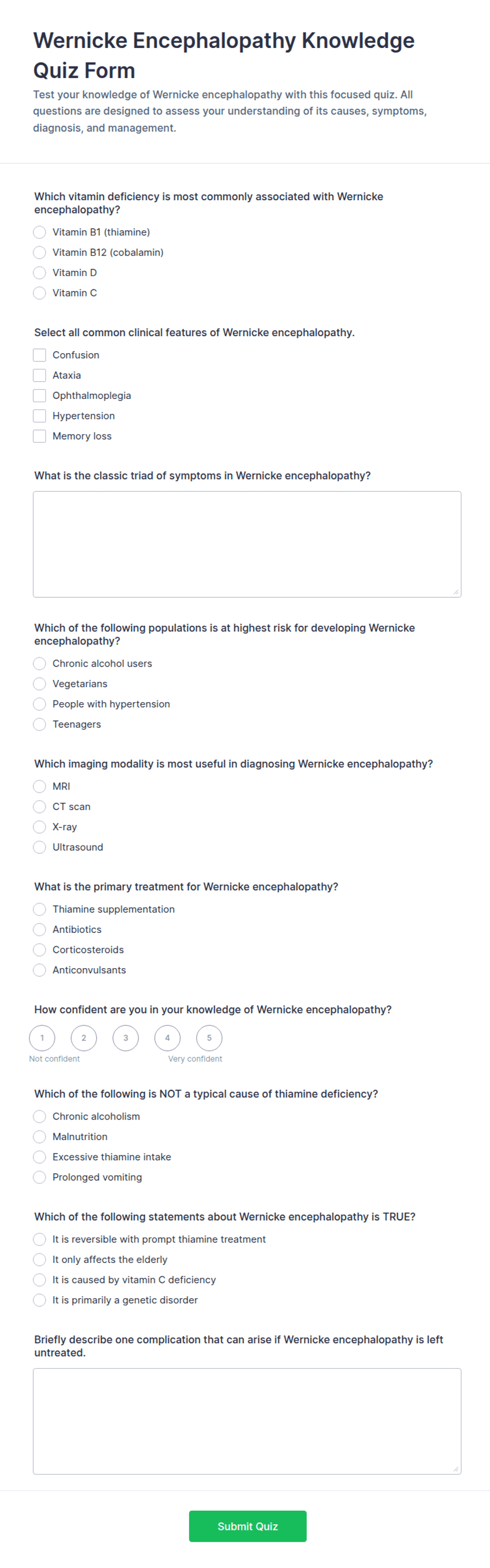 Wernicke Encephalopathy Knowledge Quiz Form Template | Jotform