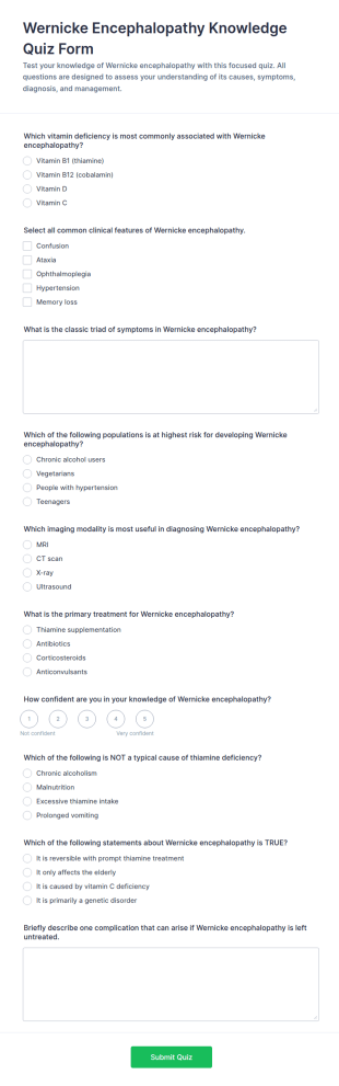 Wernicke Encephalopathy Knowledge Quiz Form Template