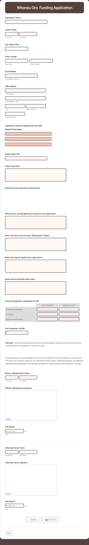 Whanau Ora Funding Application Form Template
