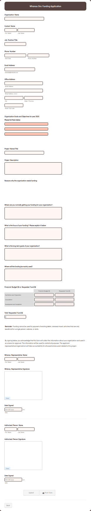 Whanau Ora Funding Application Form Template