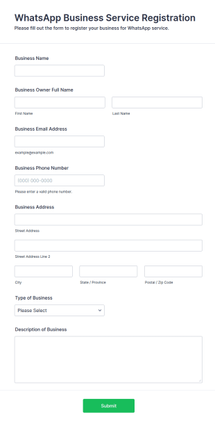 WhatsApp Business Service Registration Form Template