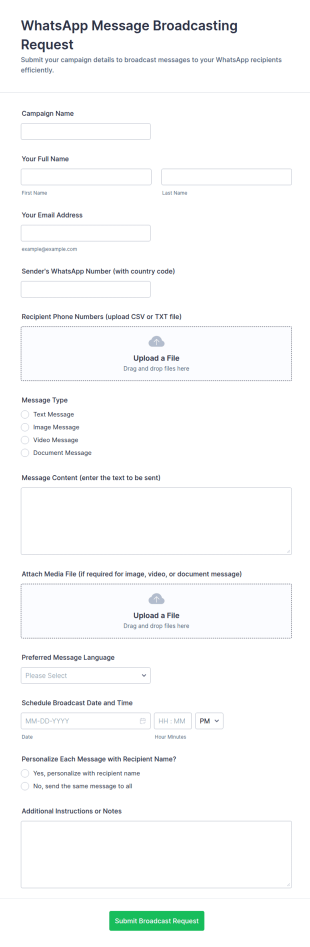 WhatsApp Message Broadcasting Request Form Template