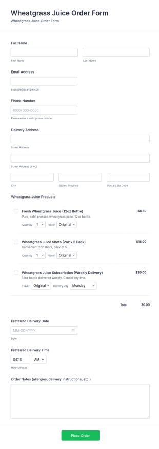 Wheatgrass Juice Order Form Template