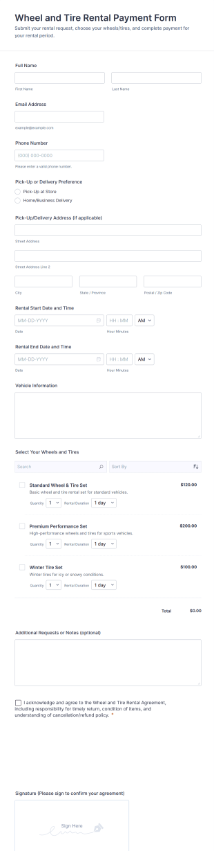 Wheel And Tire Rental Payment Form Template