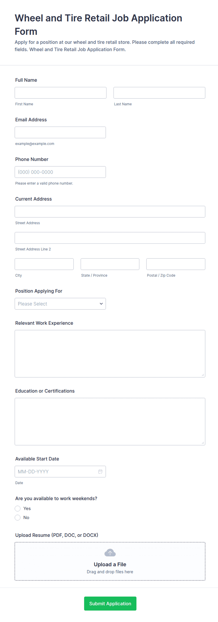 Wheel and Tire Retail Job Application Form Template | Jotform