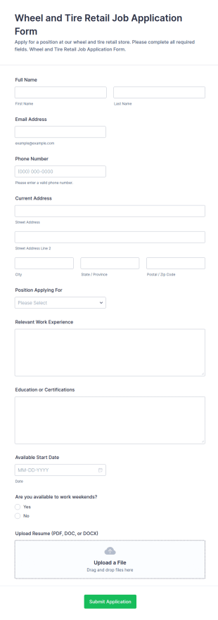 Wheel And Tire Retail Job Application Form Template