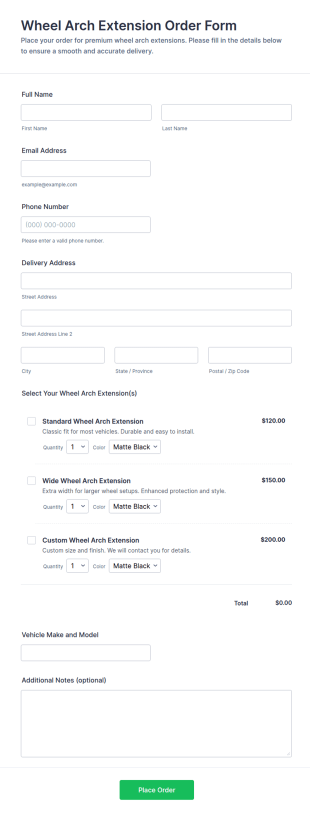 Wheel Arch Extension Order Form Template