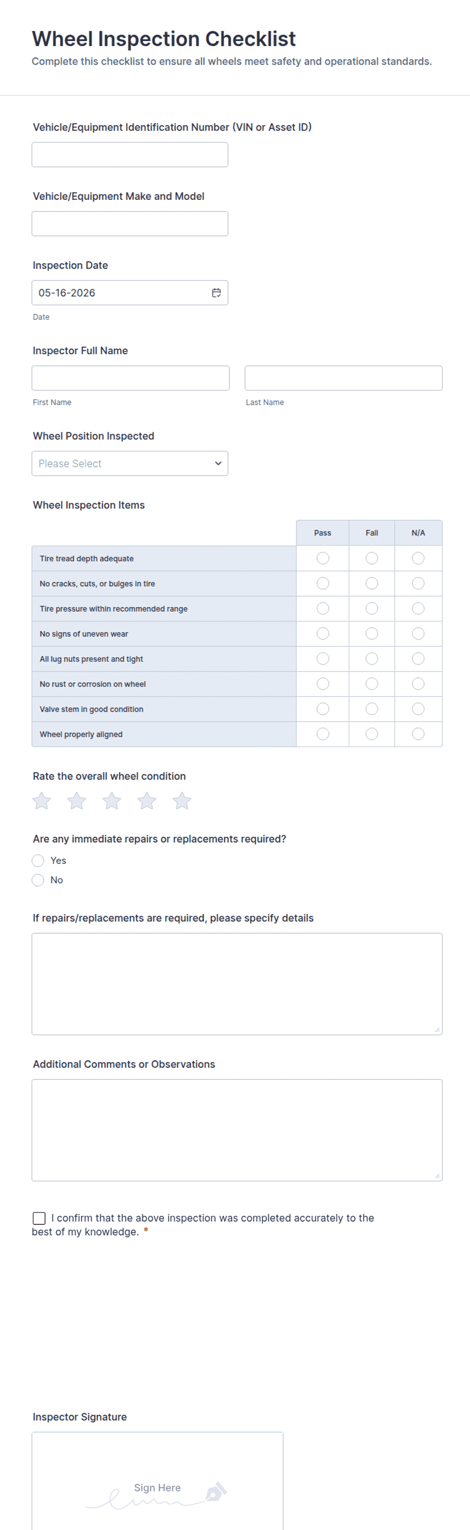 Wheel Inspection Checklist Form Template | Jotform