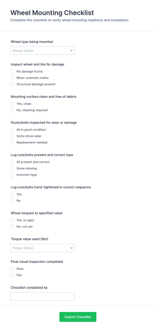 Wheel Mounting Checklist Form Template