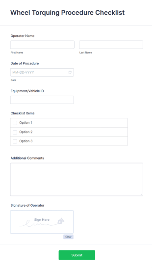 Wheel Torquing Procedure Checklist Form Template