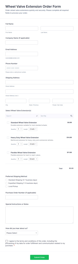 Wheel Valve Extension Order Form Template