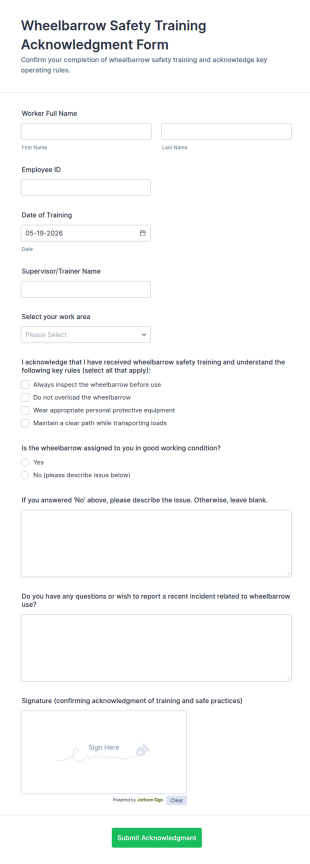 Wheelbarrow Safety Training Acknowledgment Form Template