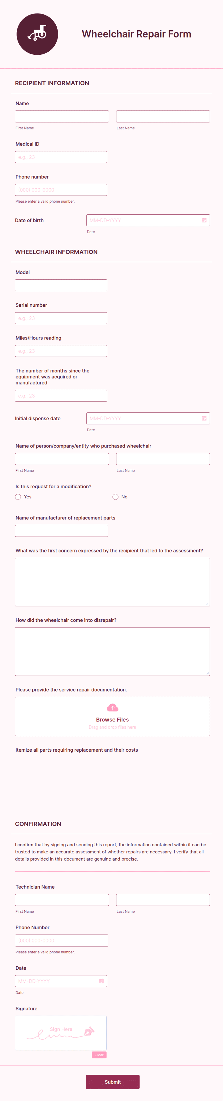 Widex Repair Form.pdf Wheelchair Repair Form Template | Jotform