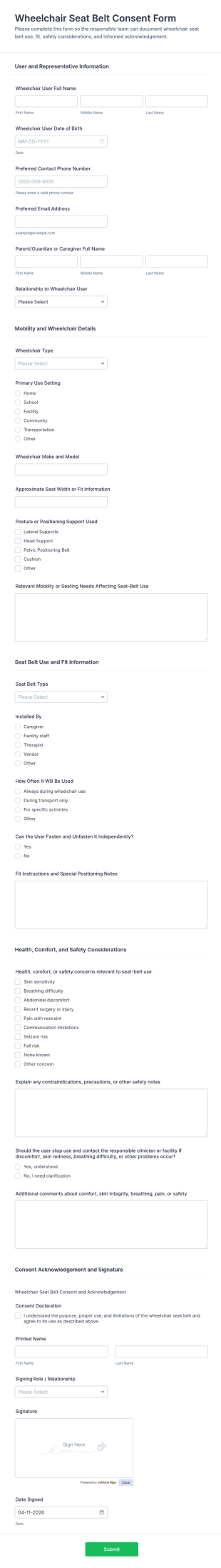 Wheelchair Seat Belt Consent Form Template
