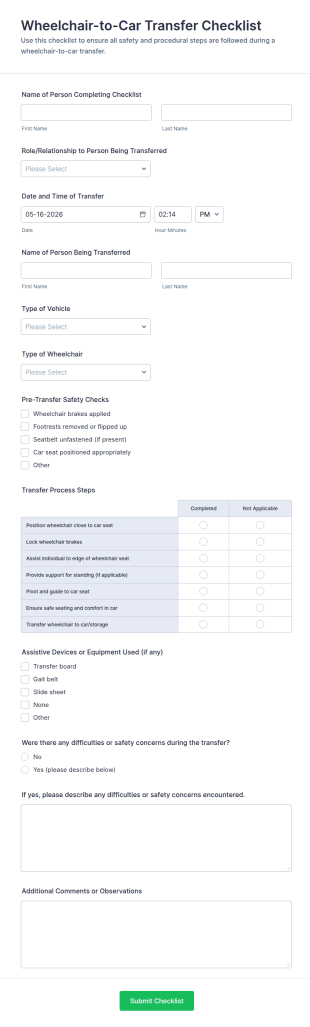 Wheelchair To Car Transfer Checklist Form Template