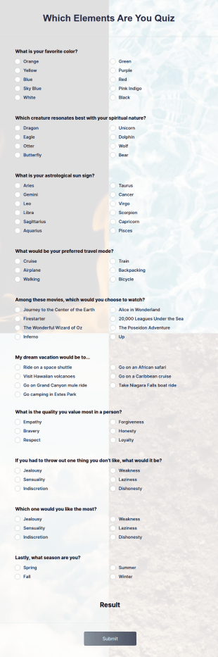 Which Elements Are You Quiz Form Template