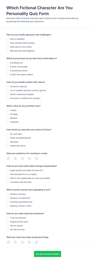 Which Fictional Character Are You Personality Quiz Form Template