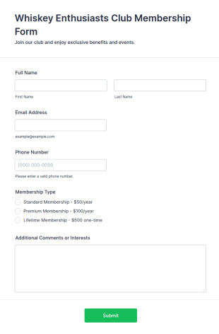Whiskey Enthusiasts Club Membership Form Template