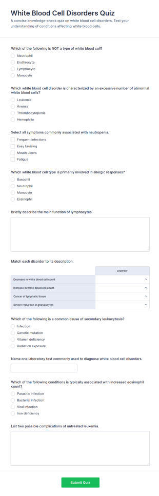 White Blood Cell Disorders Quiz Form Template