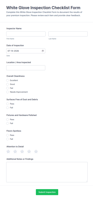 White Glove Inspection Checklist Form Template