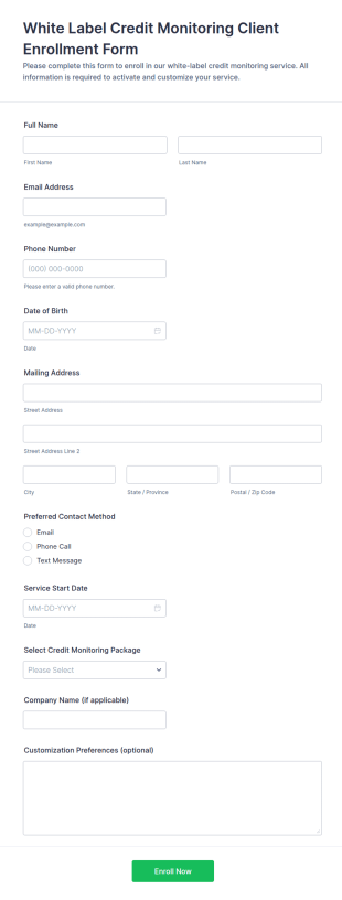 White Label Credit Monitoring Enrollment Form Template