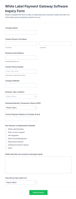 White Label Payment Gateway Software Inquiry Form Template