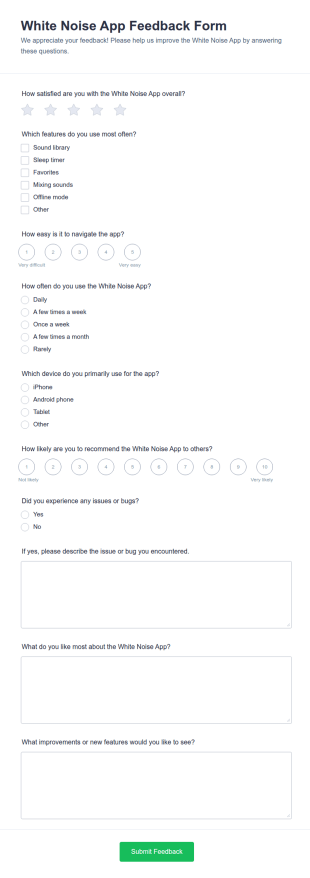 White Noise App Feedback Form Template