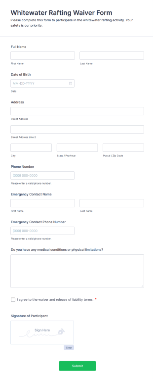 Whitewater Rafting Waiver Form Form Template