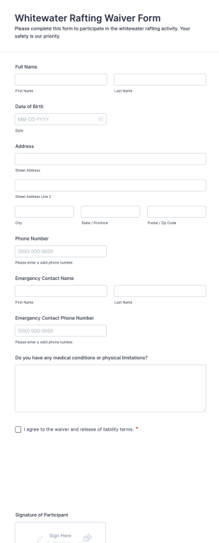 Whitewater Rafting Waiver Form Template