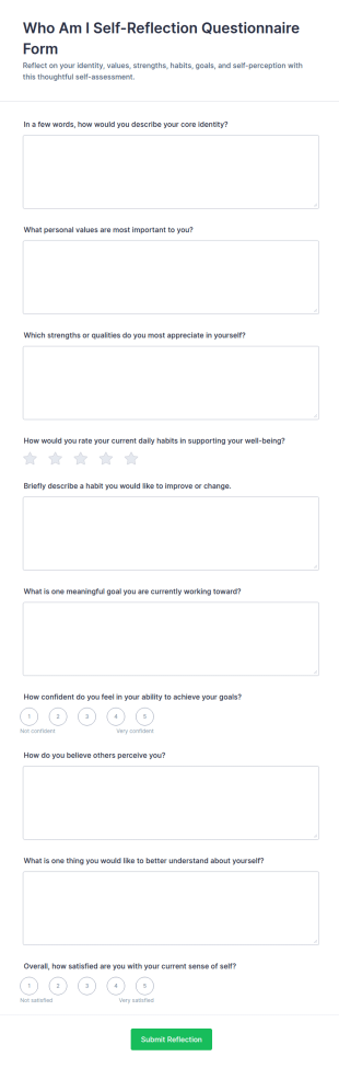 Who Am I Self Reflection Questionnaire Form Template