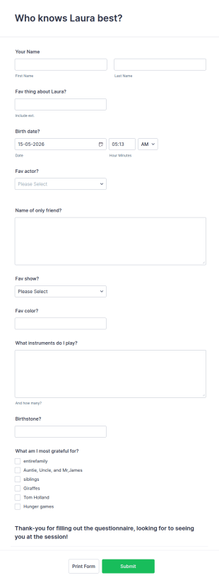 Who Knows Me Best Quiz Form Template