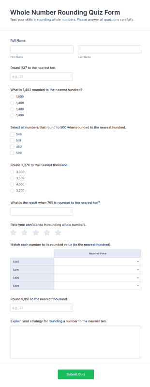 Whole Number Rounding Quiz Form Template