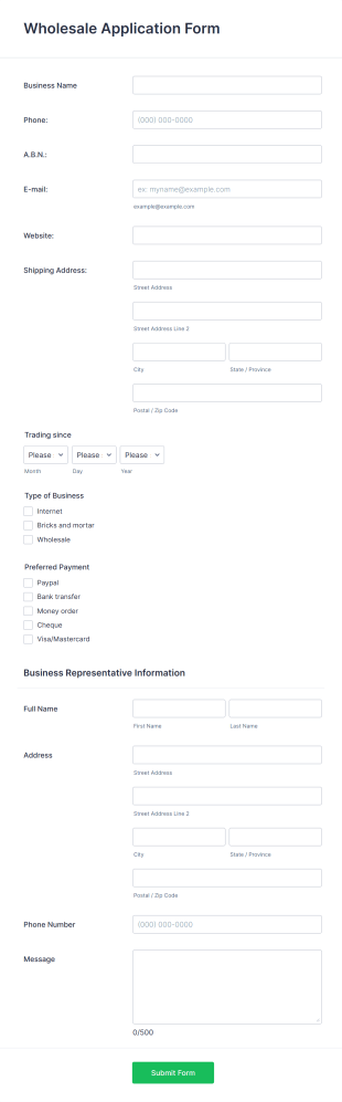 Wholesale Account Application Form Template