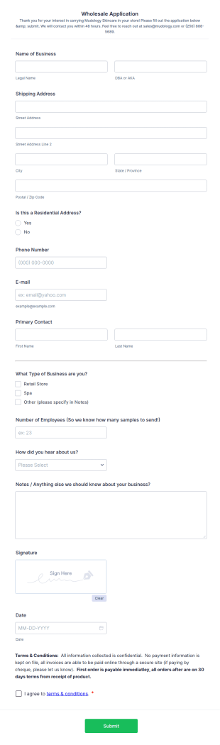 Wholesale Application Form Template