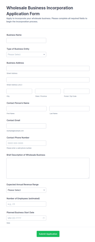 Wholesale Business Incorporation Application Form Template