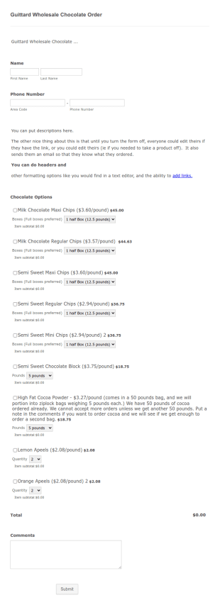 Wholesale Chocolate Order Form Template