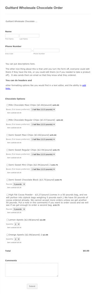 Wholesale Chocolate Order Form Template