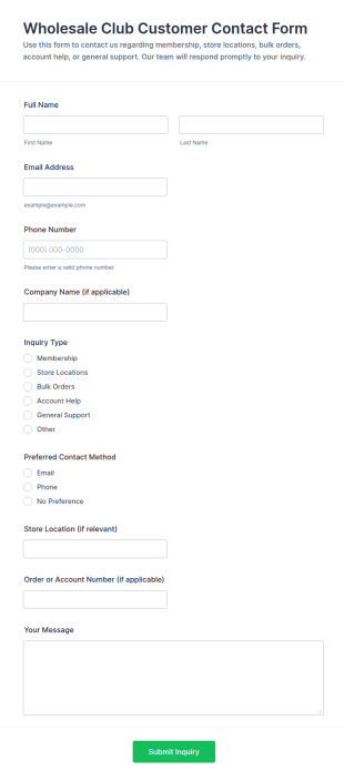 Wholesale Club Customer Contact Form Template