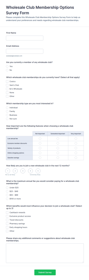 Wholesale Club Membership Options Survey Form Template