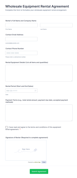 Wholesale Equipment Rental Agreement Form Template