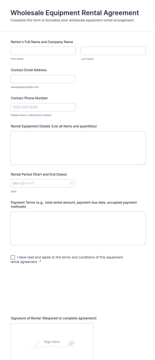 Wholesale Equipment Rental Agreement Form Template