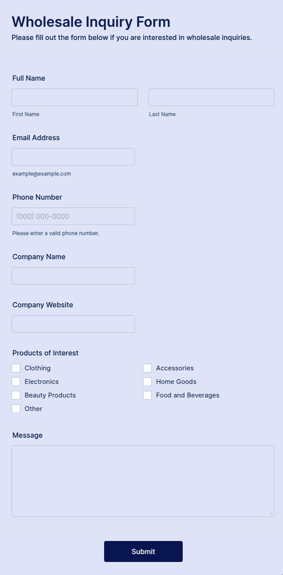 Wholesale Inquiry Form Template | Jotform