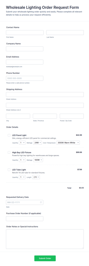Wholesale Lighting Order Request Form Template