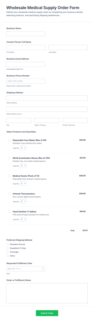 Wholesale Medical Supply Order Form Template